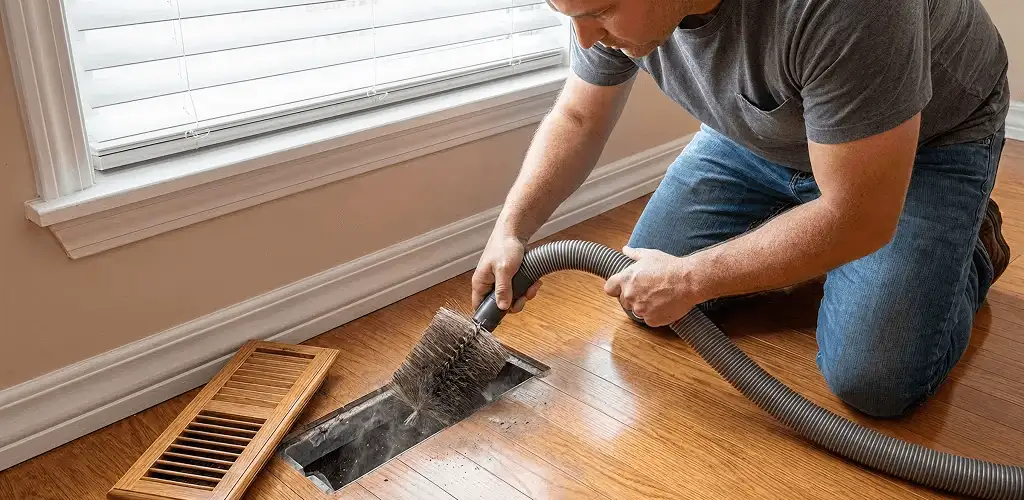 Air duct cleaning technician vacuuming a floor vent and duct opening in Fresno, CA