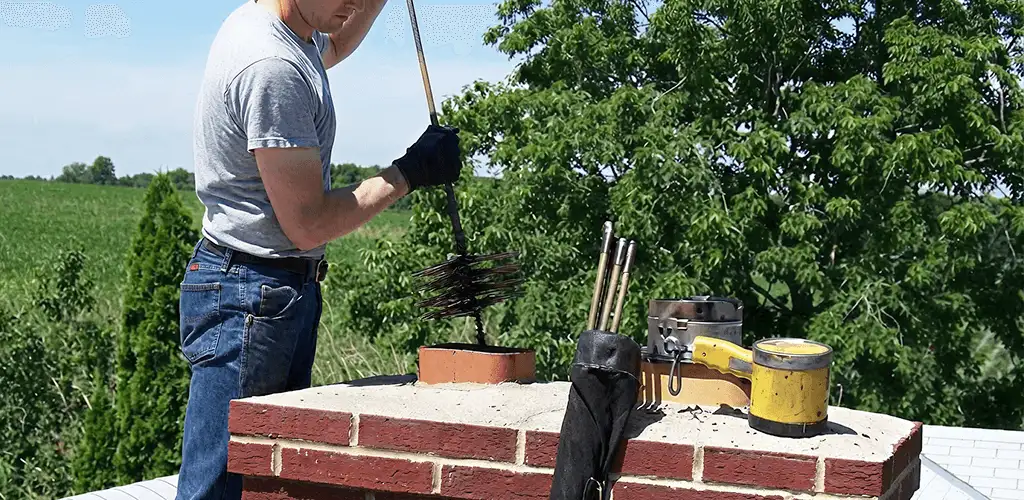 Chimney cleaning technician working on a rooftop chimney with professional tools in Fresno, CA