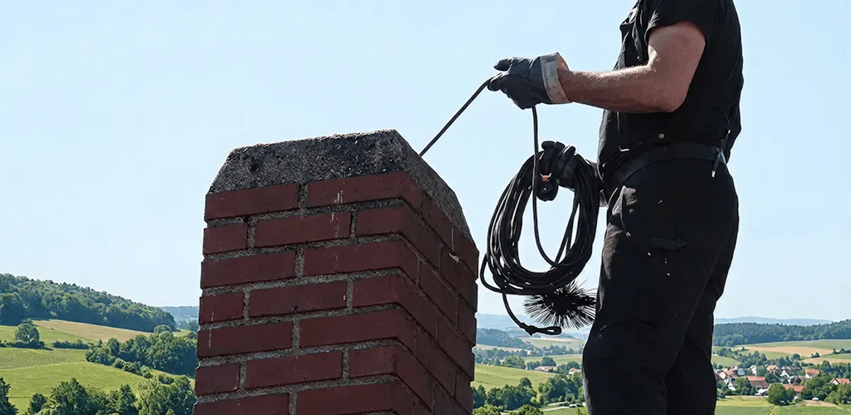 Chimney sweep inspecting and cleaning a rooftop chimney in Fresno, CA
