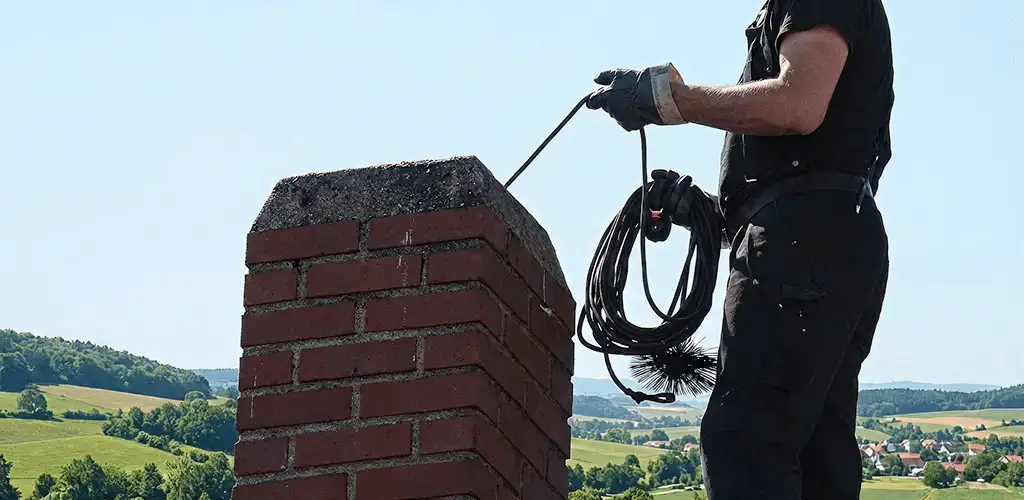 Chimney sweep inspecting and cleaning a rooftop chimney in Fresno, CA