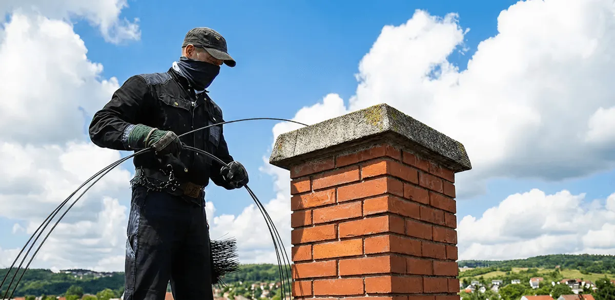Chimney sweep cleaning a brick chimney with professional tools in Fresno, CA