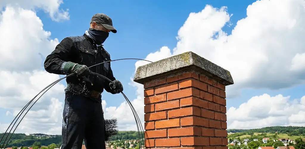 Chimney sweep cleaning a brick chimney with professional tools in Fresno, CA
