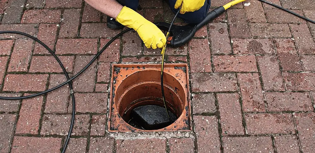 Drain cleaning technician using a drain snake to clear a clogged drain in Fresno, CA