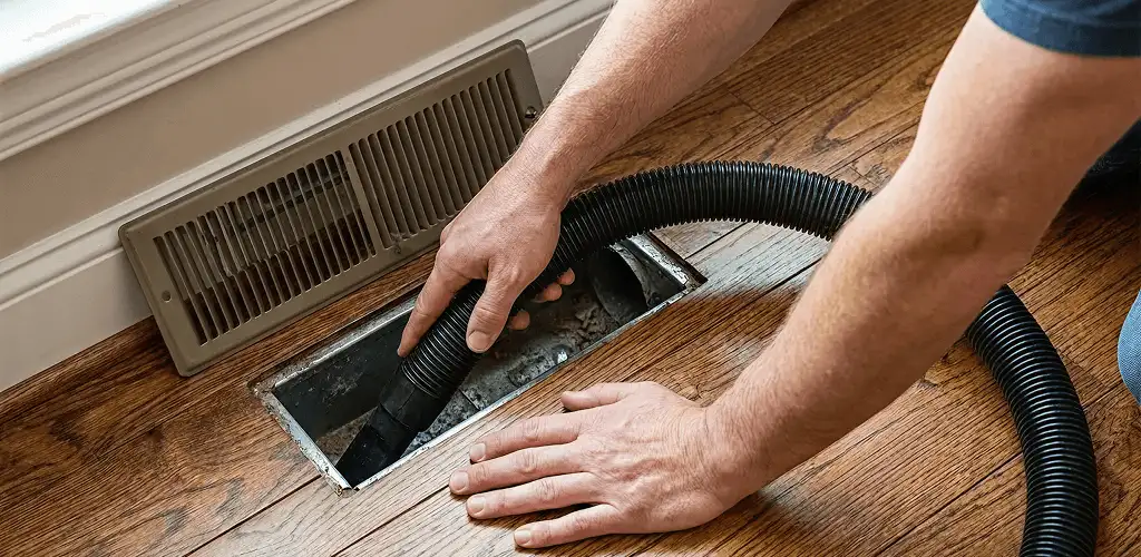 Air duct cleaning technician vacuuming a floor register and duct opening in Fresno, CA
