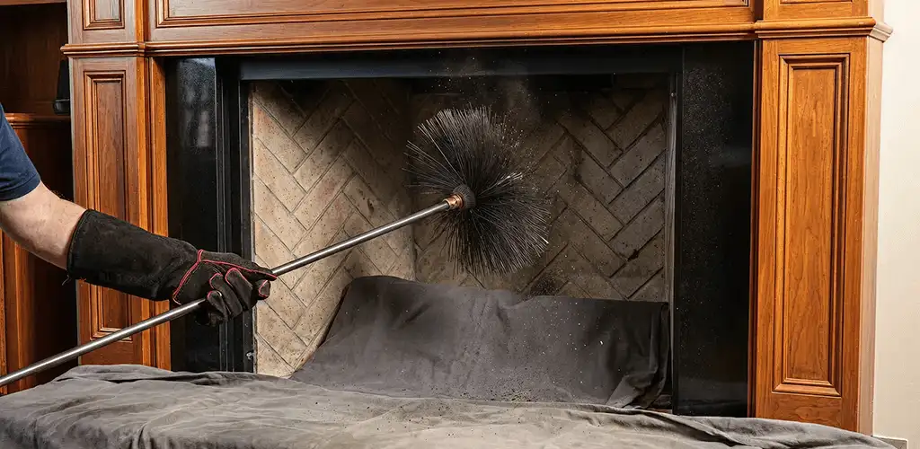 Chimney cleaning service brushing soot from a fireplace and flue in Fresno, CA
