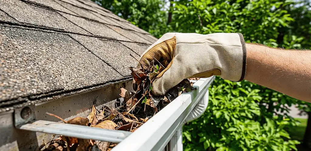 Gutter cleaning removing leaves and debris from roof gutters in Fresno, CA