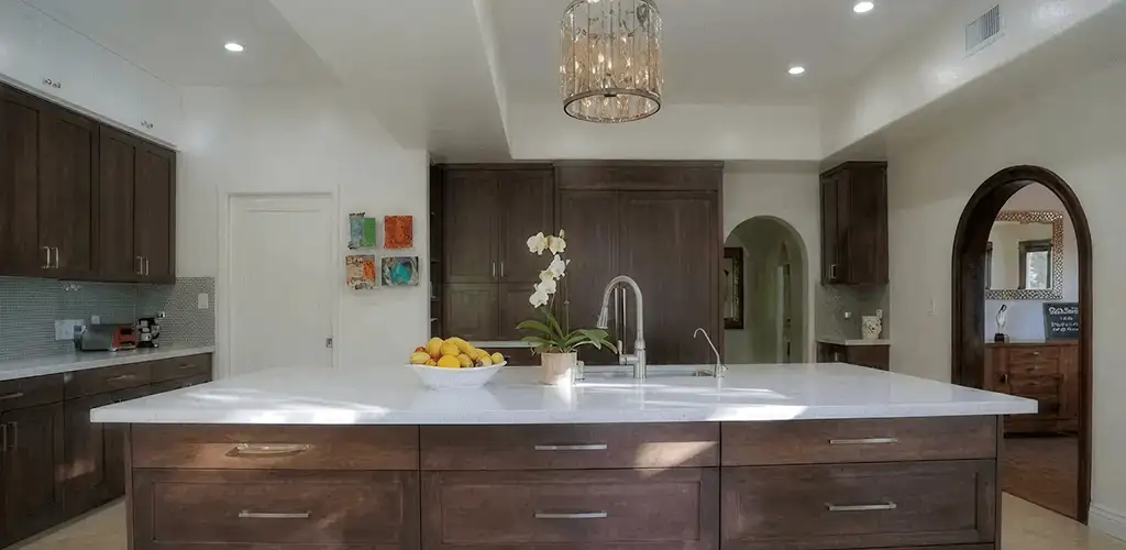 Cabinet refacing project with updated kitchen cabinets and island in Fresno, CA