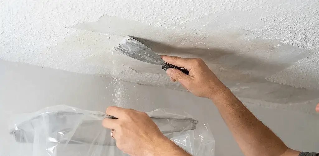 Popcorn ceiling removal technician scraping texture from a ceiling in Fresno, CA