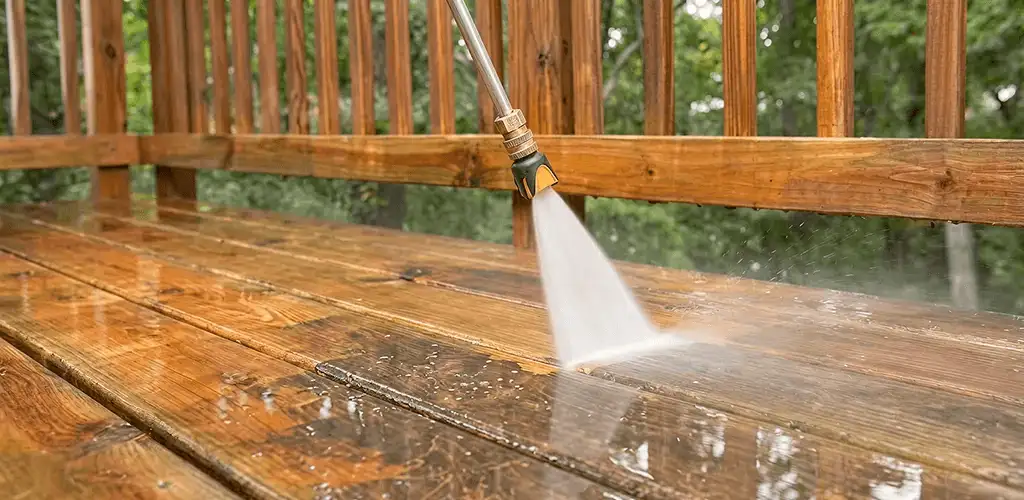 Pressure washing a wood deck to remove dirt and buildup in Fresno, CA