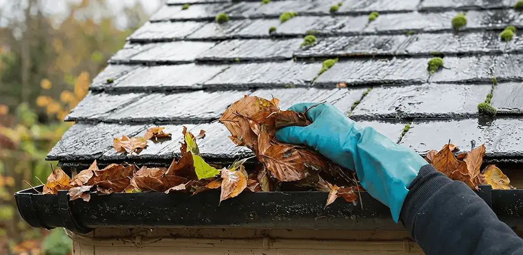 Gutter cleaning technician clearing wet leaves from roof gutters in Fresno, CA