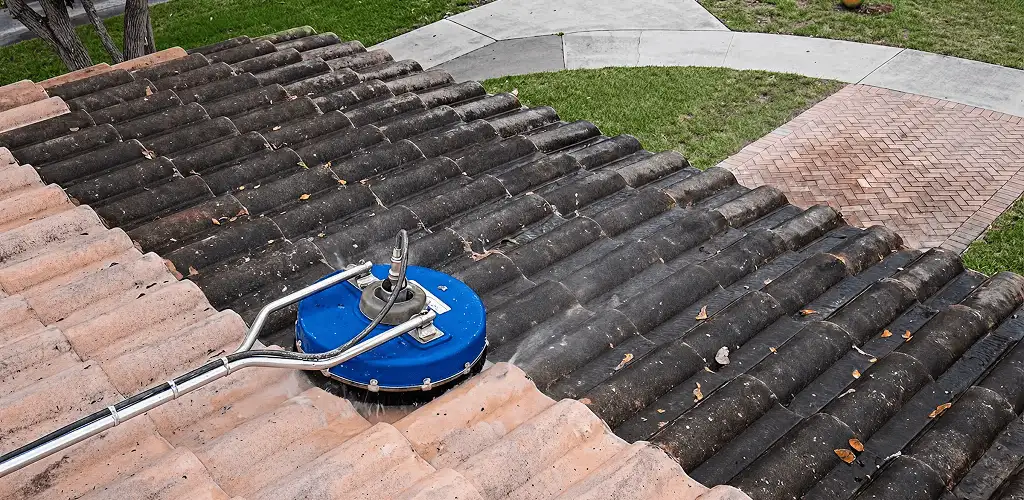 Roof pressure cleaning removing debris and buildup from roof tiles in Fresno, CA