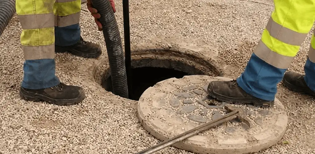 Drain cleaning crew clearing a sewer access point with professional equipment in Fresno, CA