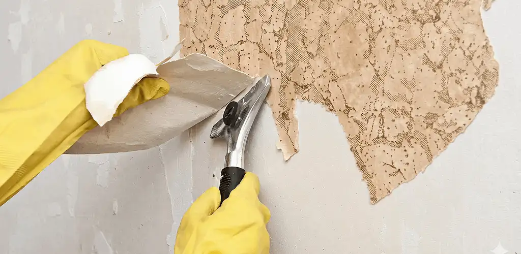 Wallpaper removal service stripping old wallpaper from a wall in Fresno, CA
