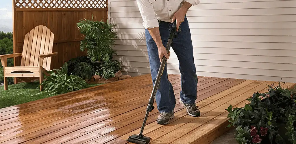 Deck staining service applying stain to a backyard wood deck in Fresno, CA
